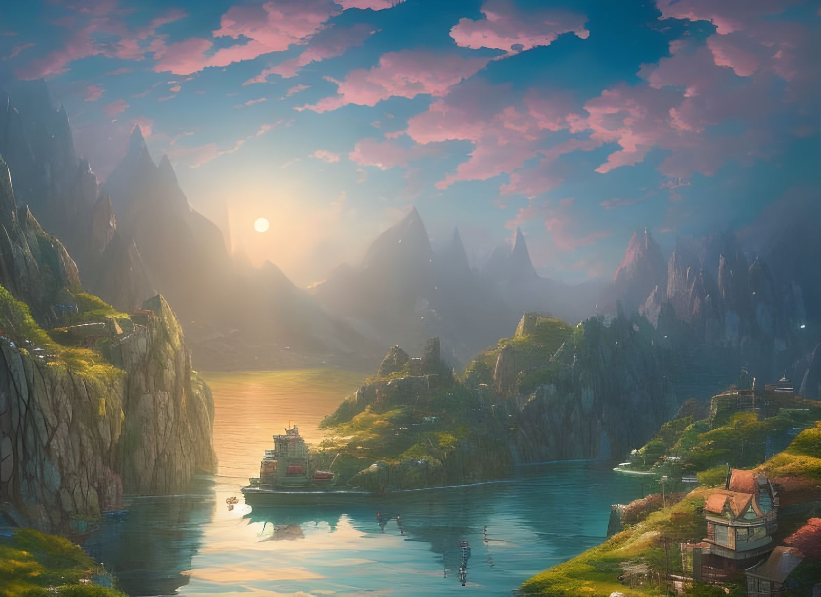 Anime Village on Mountain Lake, by Makoto Shinkai