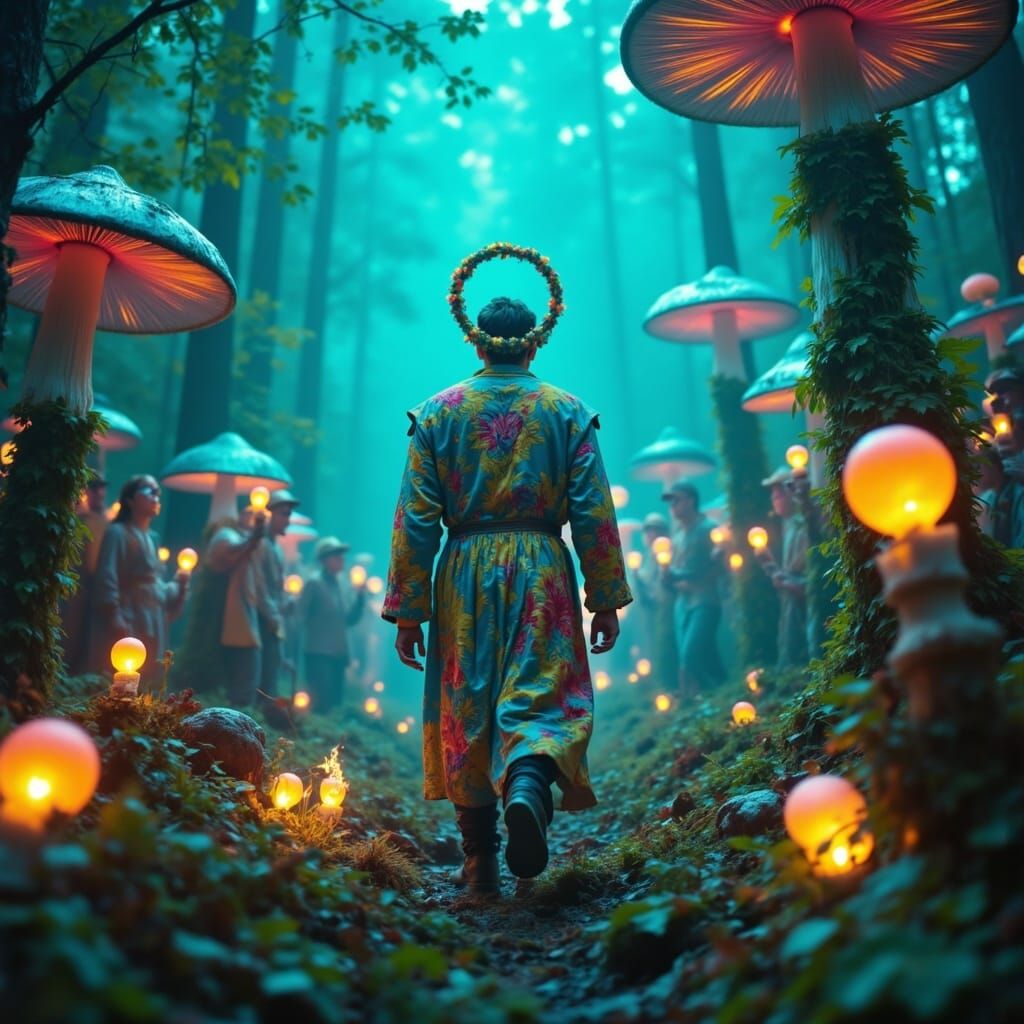 Ethereal Cult Gathering in a Dreamlike Landscape