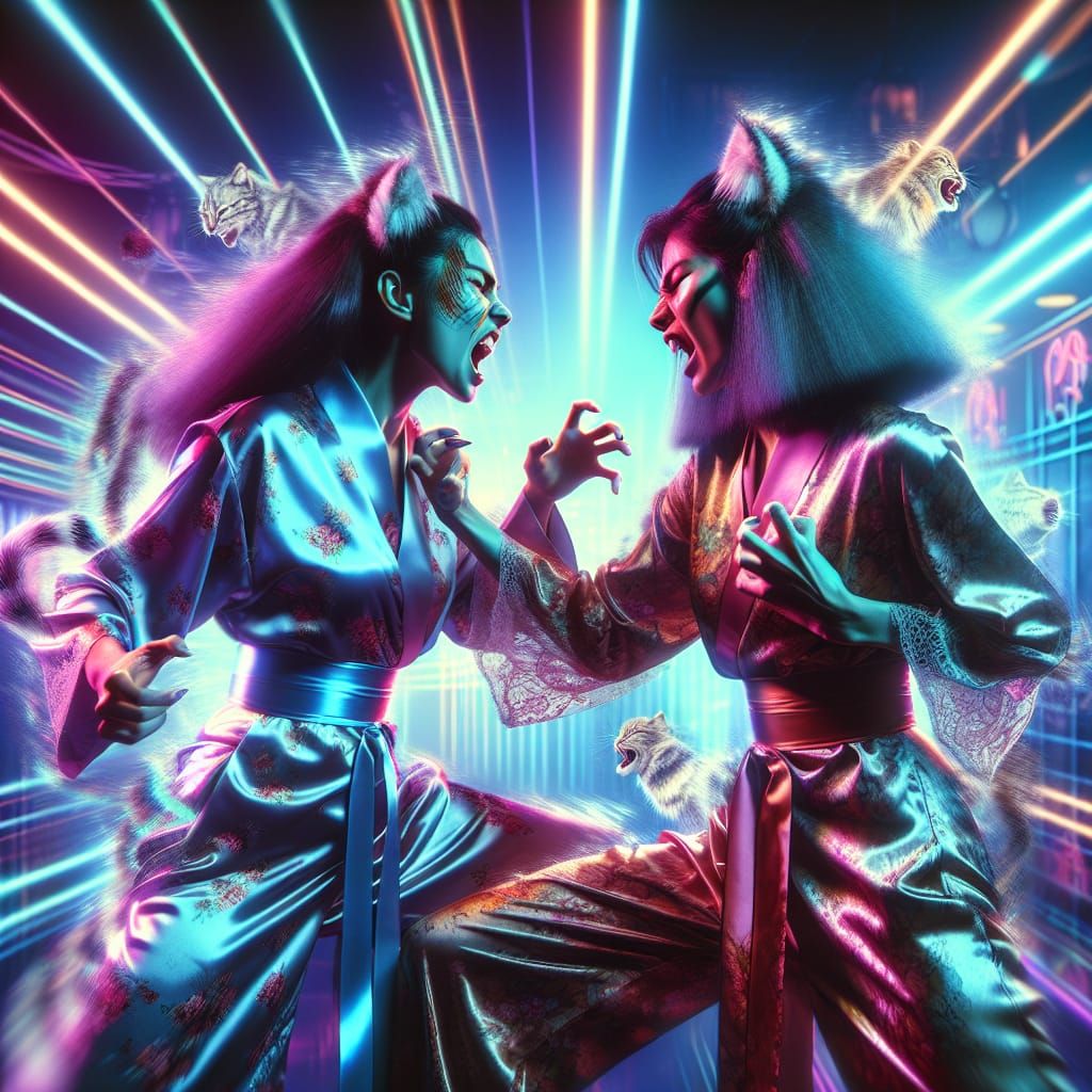 Women's Catfight in Vaporwave Neon Club