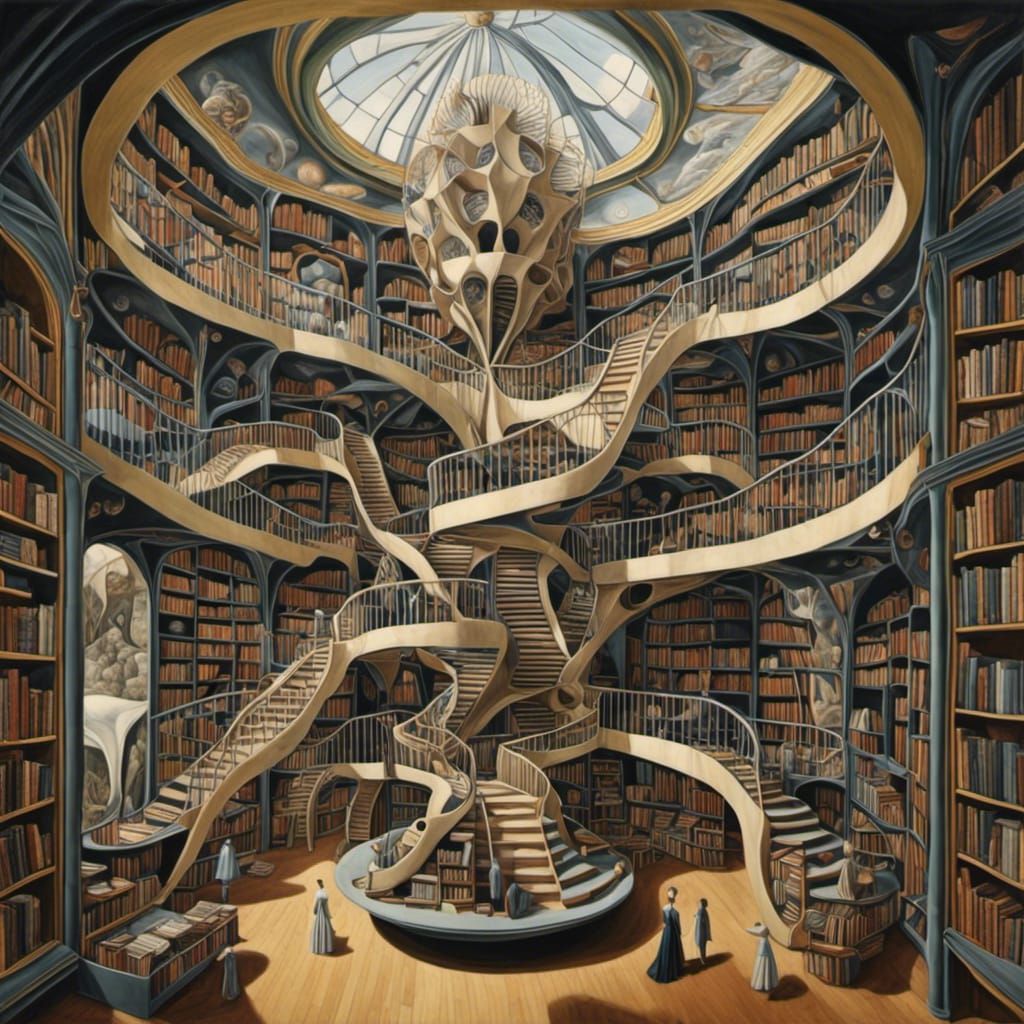 Escher-Inspired Multi-Level Bookstore in Surreal Style