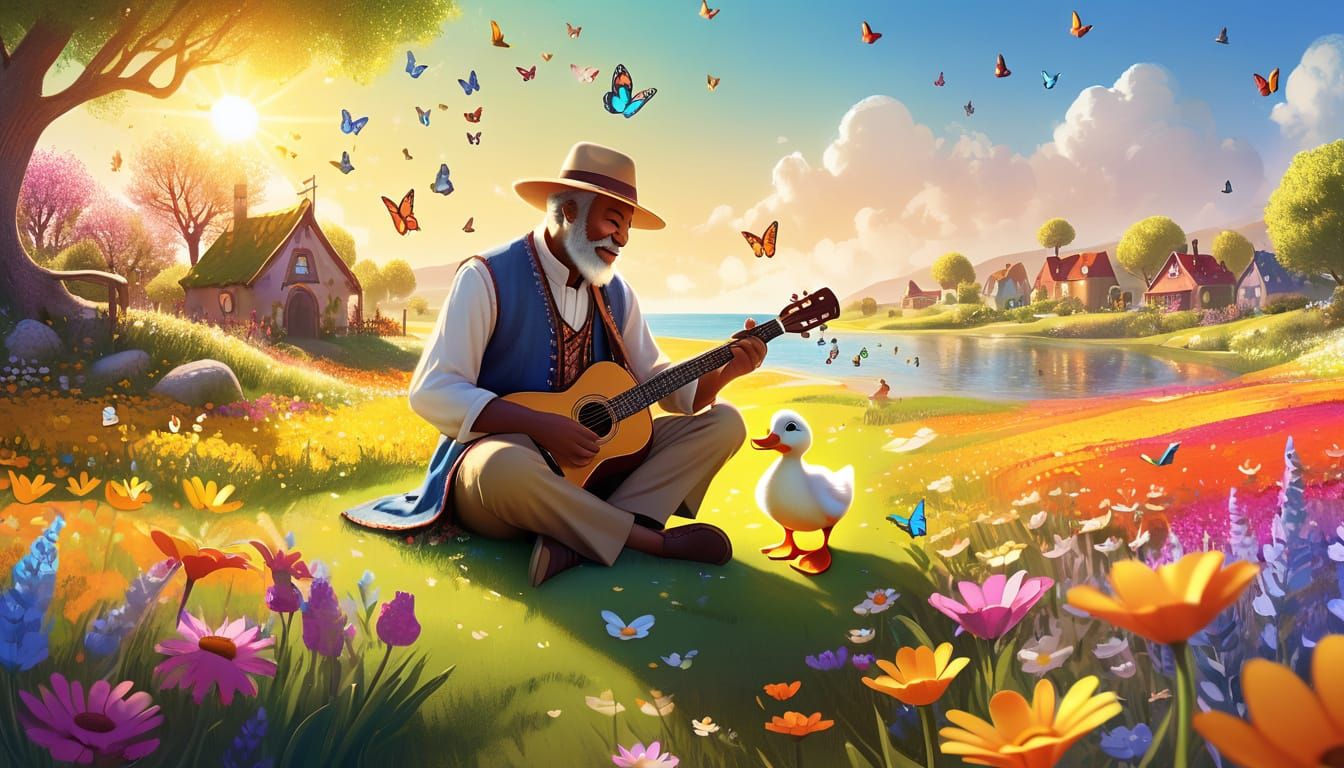 Anthropomorphic Father and Duckling in Flower Meadow