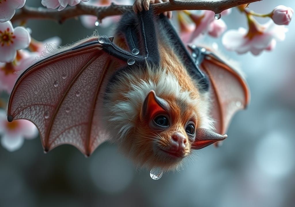 Fluffy Wooly Bat with Dew Drops on Cherry Branch