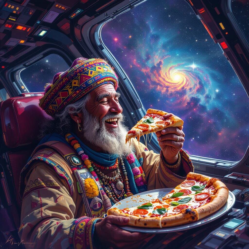 Amazigh Man Eating Pizza in Vibrant Cosmic Digital Painting