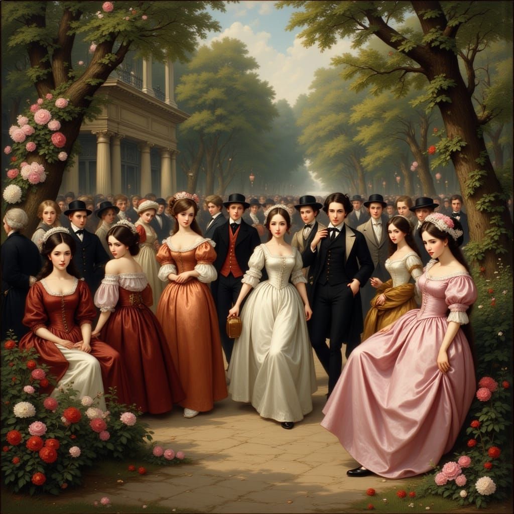 Elegant <lora:Soft Portrait flux:1.0> Rococo, Baroque  hi-jinks at a garden party <lora:Hiroya Oku style:1.0>