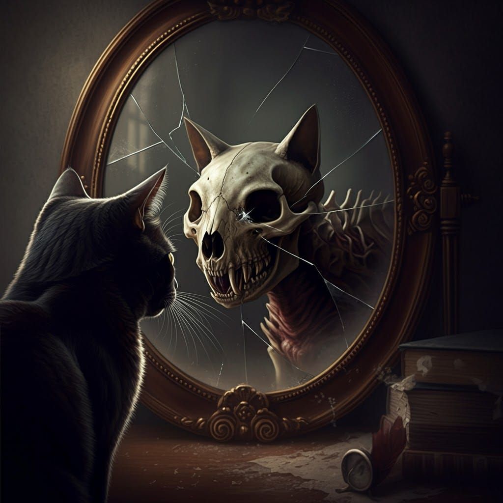 Black Cat's Dark Reflection in Cracked Mirror