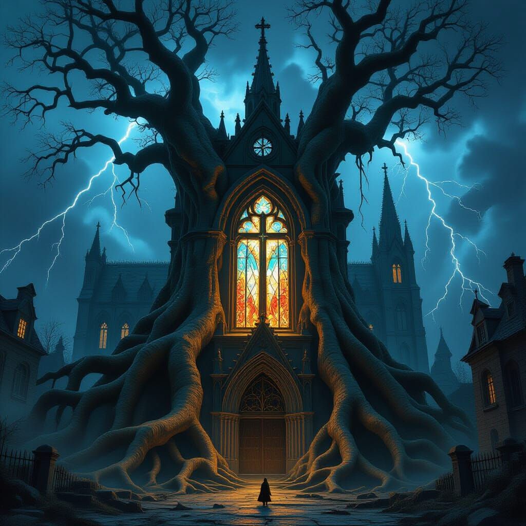 Ancient Tree Engulfs Gothic Cathedral in Storm