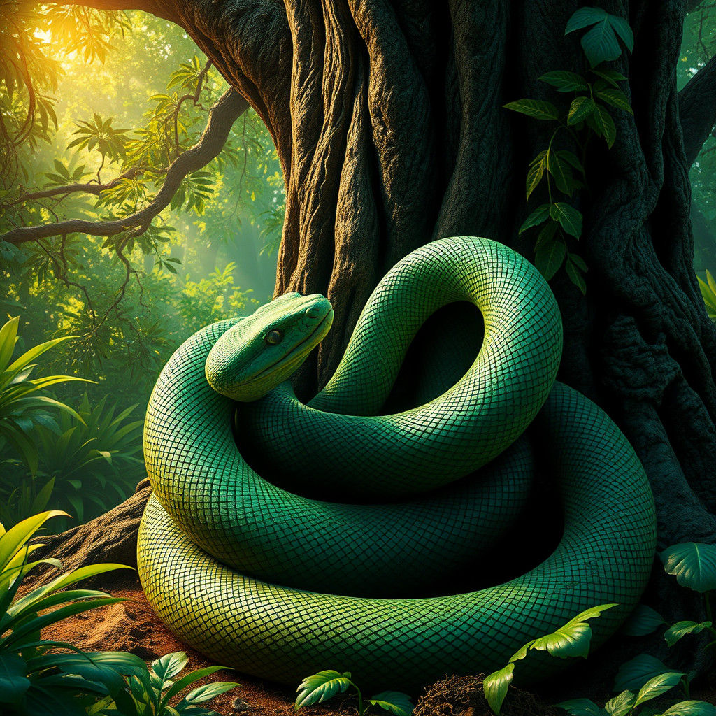 Iridescent Green Snake in Emerald Jungle, Fantasy Art