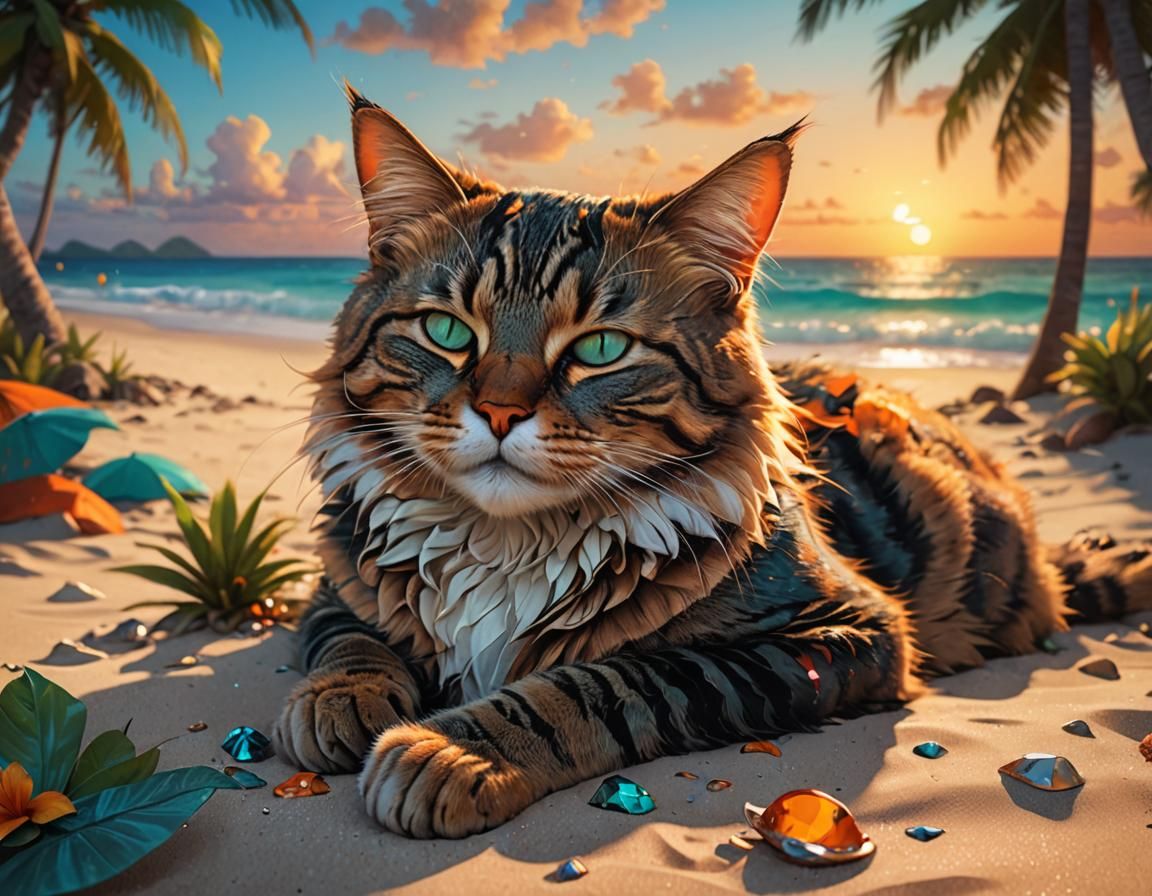 Cat Nap on Tropical Beach at Sunset