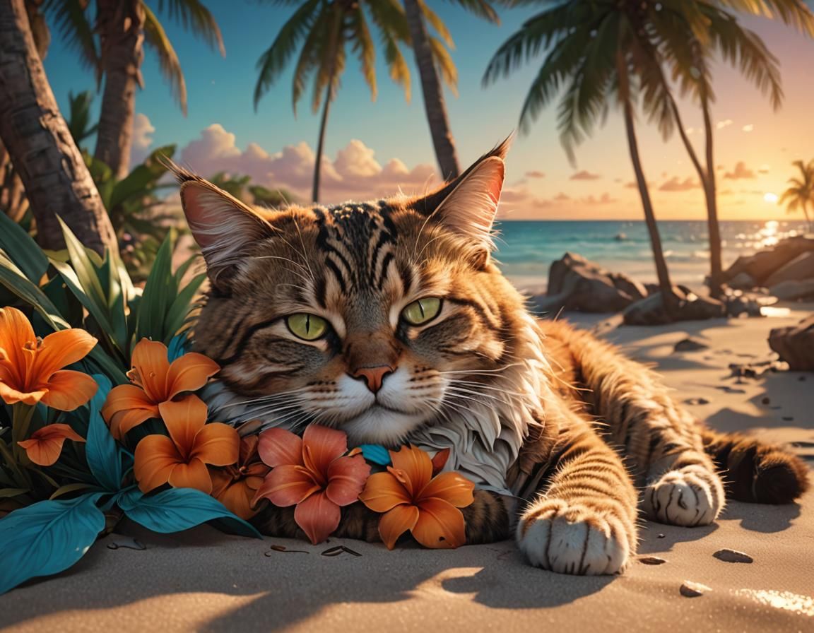 Cat Nap on Tropical Beach: Maximalist Concept Art