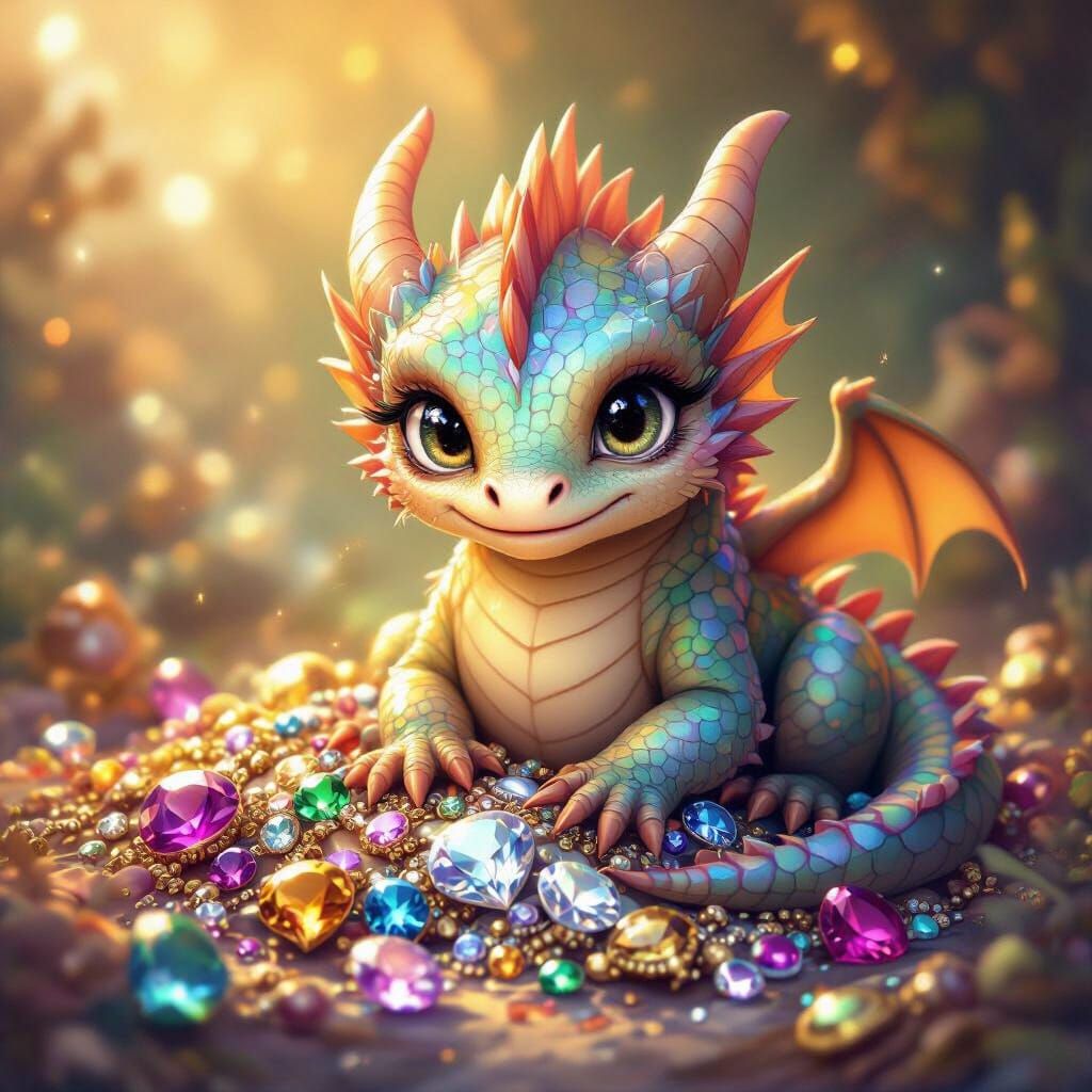 Baby Dragon Among Sparkling Jewels in Painterly Style