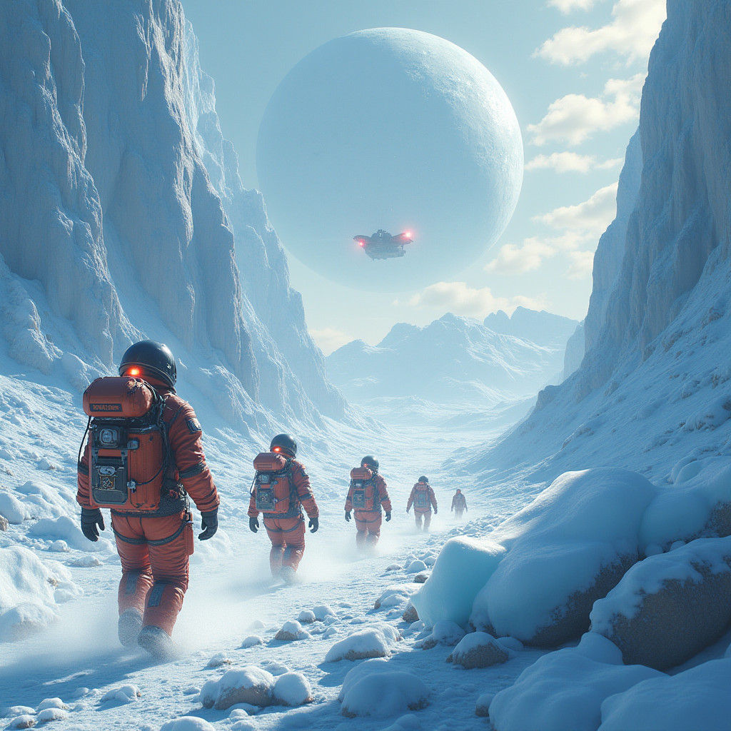 Astronauts Explore Frozen Alien Moon Landscape