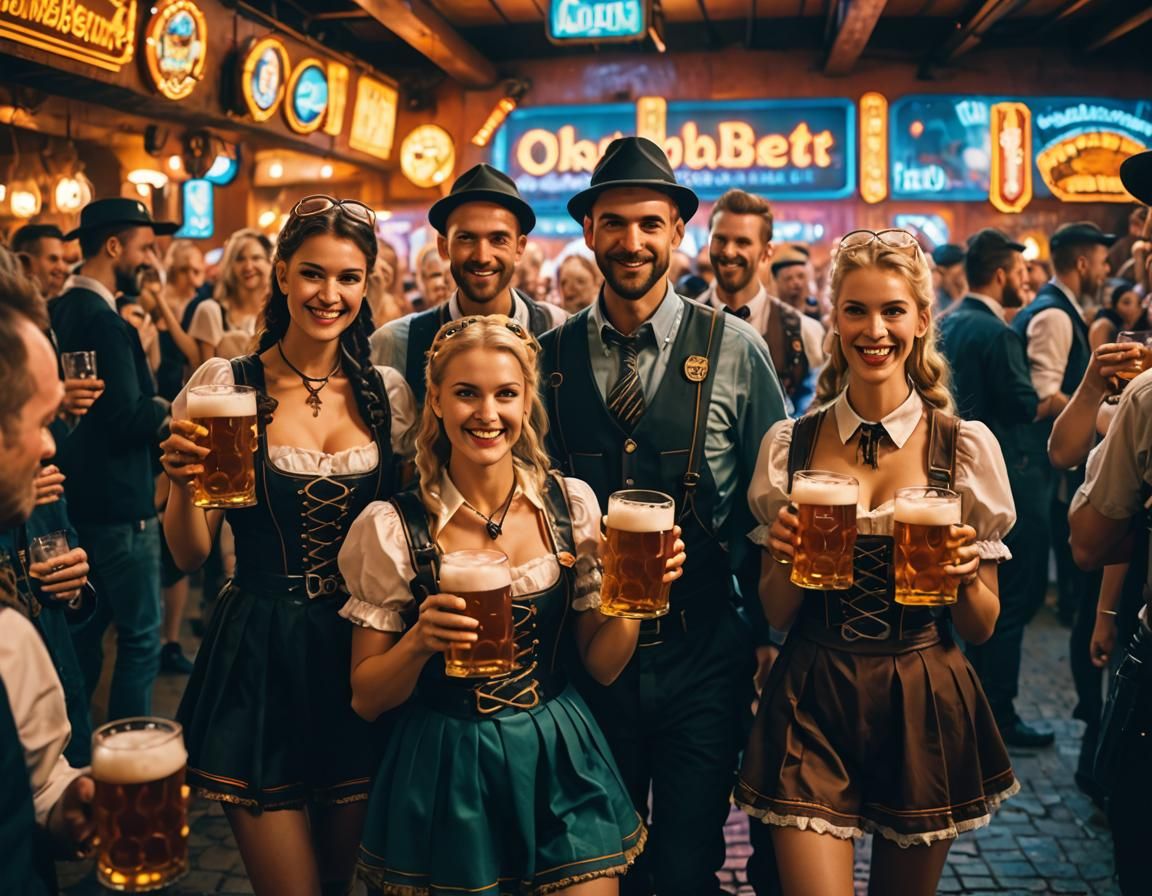 Cyberpunk Oktoberfest: Futuristic Party in Neon Cityscape