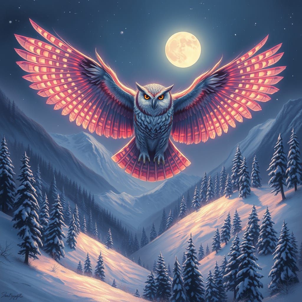 Rainbow Owl Soaring Over Winter Valley