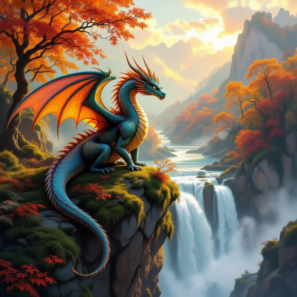 Ancient Dragon Over Autumn Waterfall in Fantasy Concept Art ...