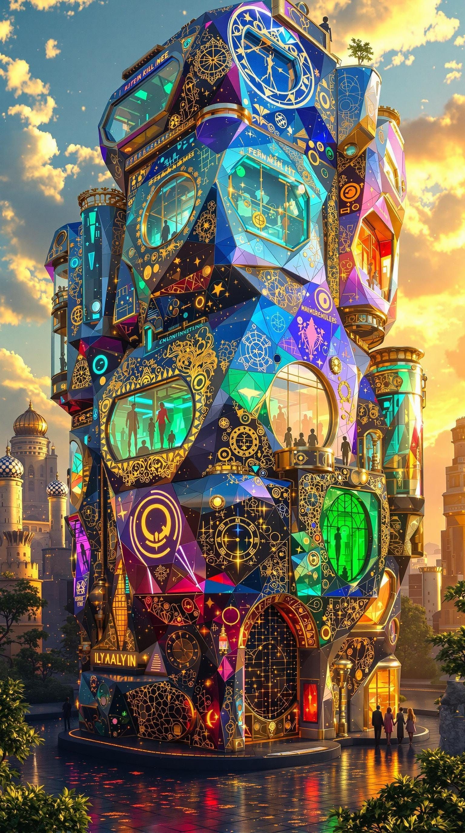 Golden Futuristic Townhouse in Klimt-Inspired Cyberpunk Styl...