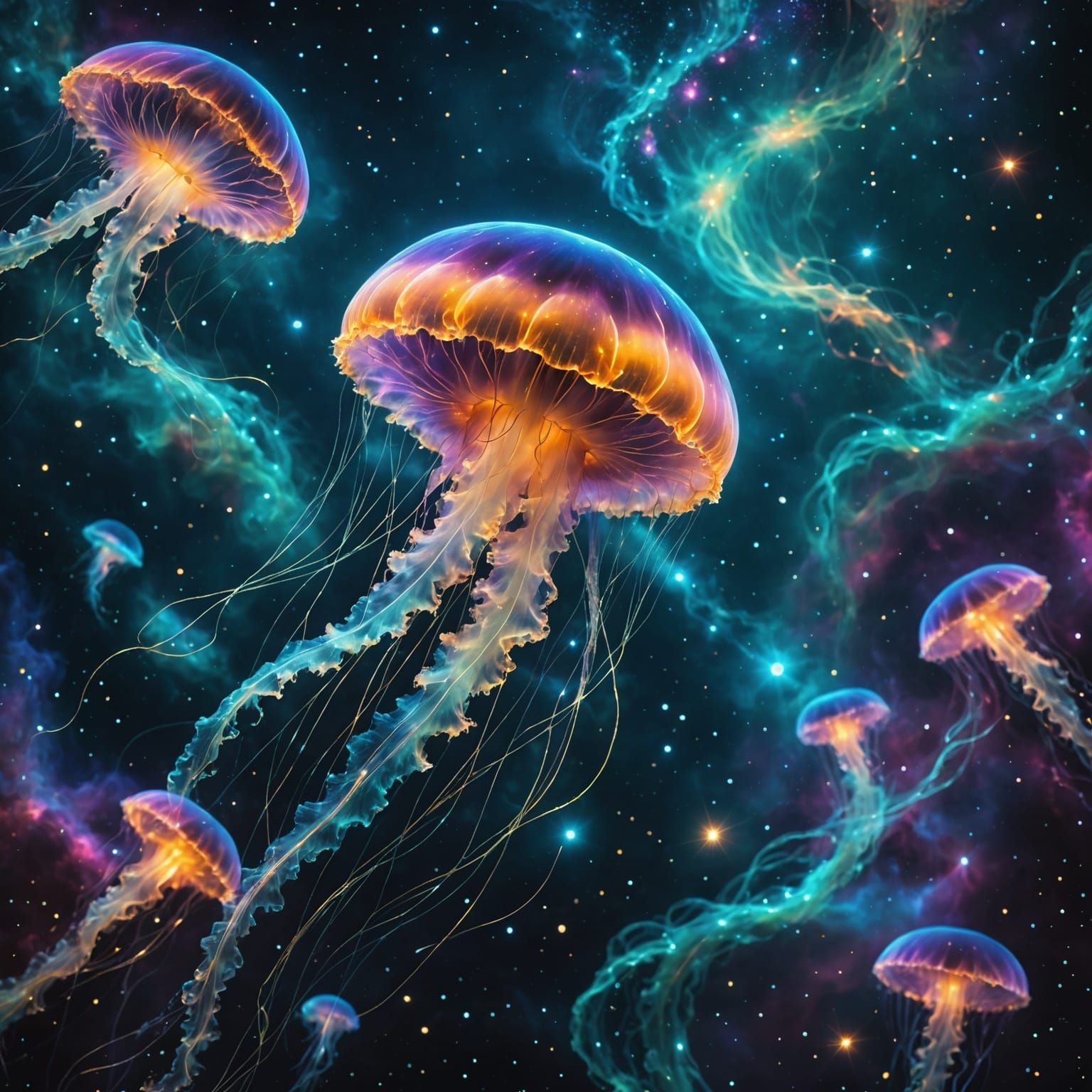 Bioluminescent Jellyfish in Cosmic Nebula, Digital Matte Pai...