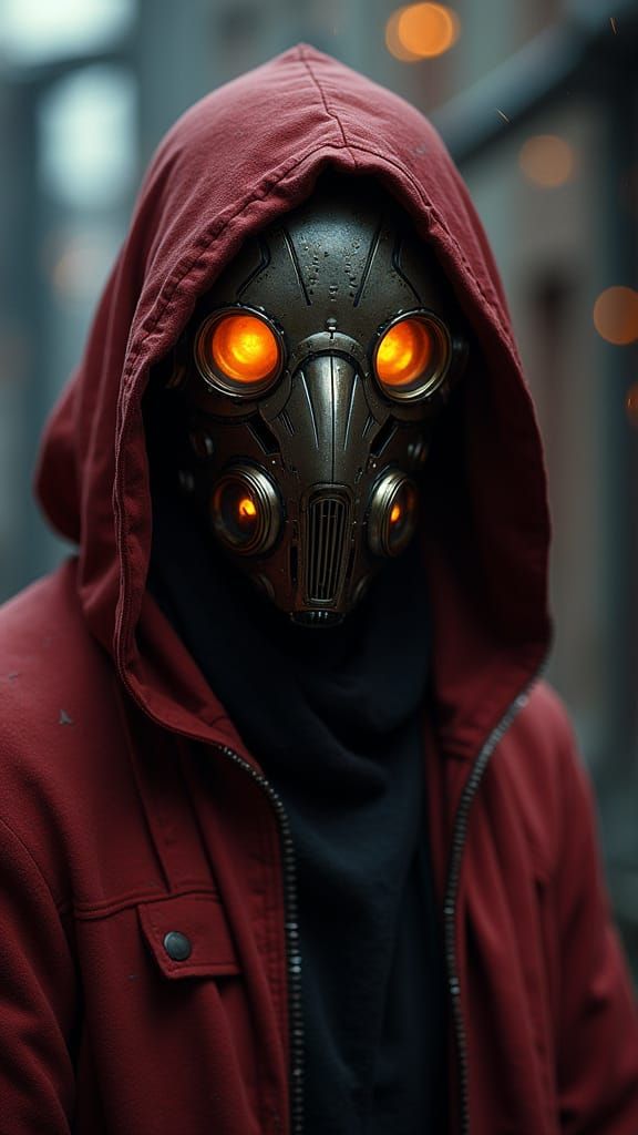 Mysterious Figure in Crimson Hood with Futuristic Mask