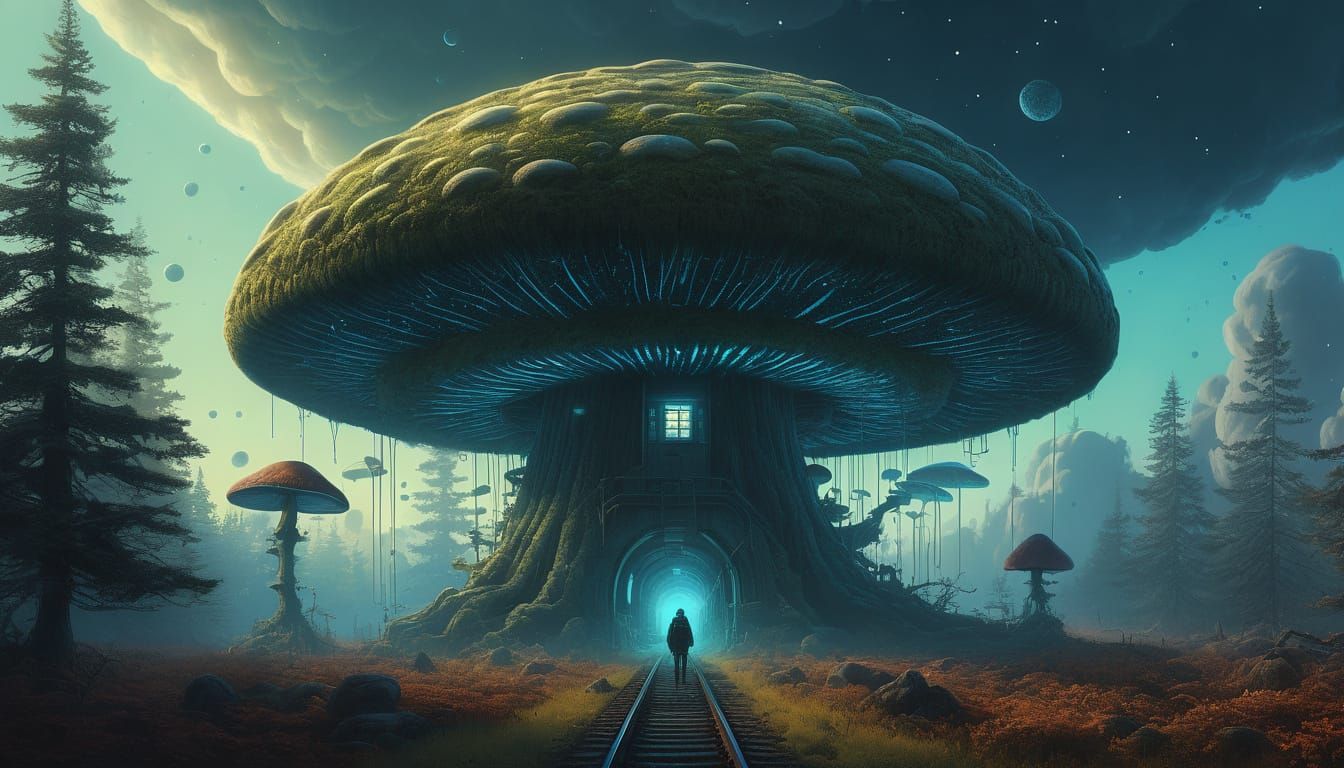 Bioluminescent Mushroom Forest with Steampunk Train