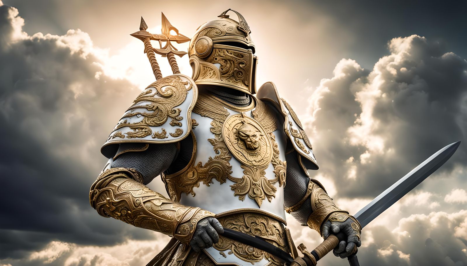 Celestial Being in White and Gold Armor with Sword