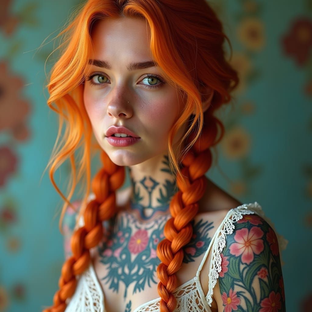 Ethereal Girl with Tattoos in Hyper-Realistic Style