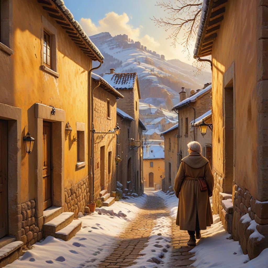 Charming European Village Street Scene in Impressionist Styl...