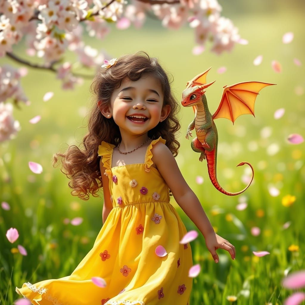 Whimsical Girl and Dragon in Sunlit Meadow