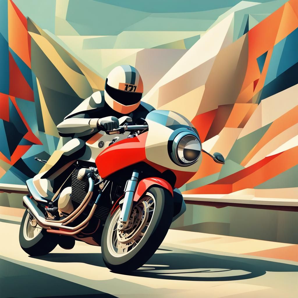 Futuristic Moto Guzzi on Racetrack: Cubist Art Deco