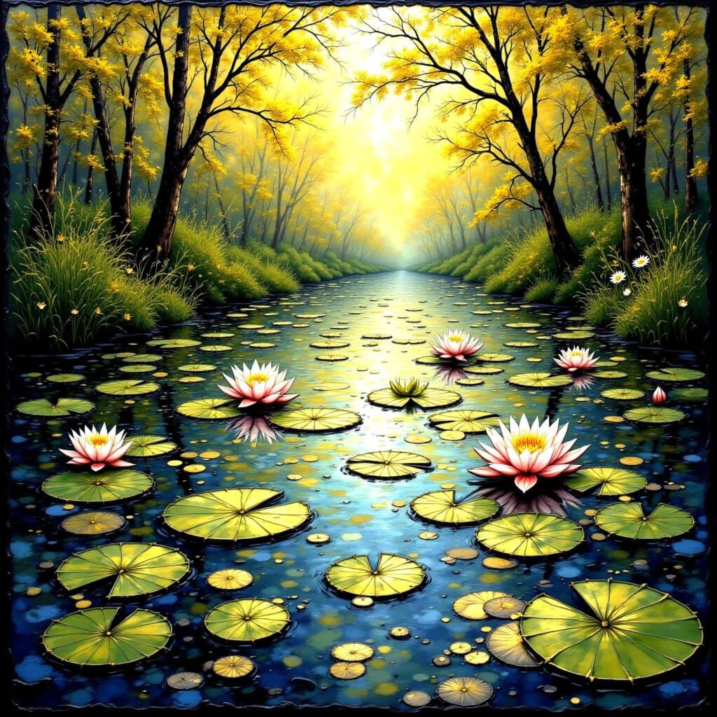 Water Lilies in Stained Glass Style