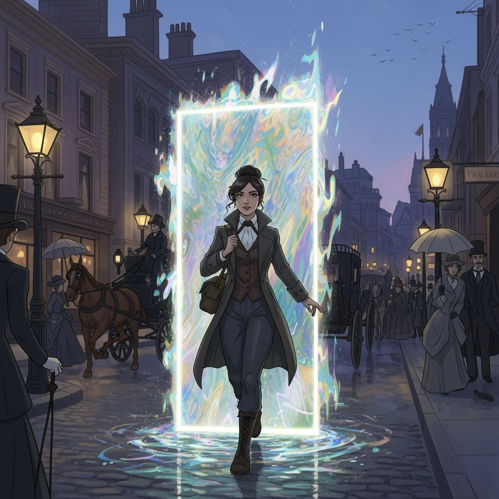 Victorian Woman Enters Iridescent Portal: Art Deco Style