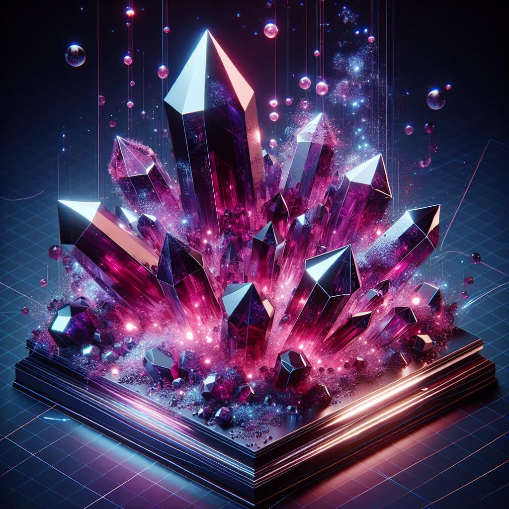 Gigantic Purple Crystals Shimmering with Light in 3D