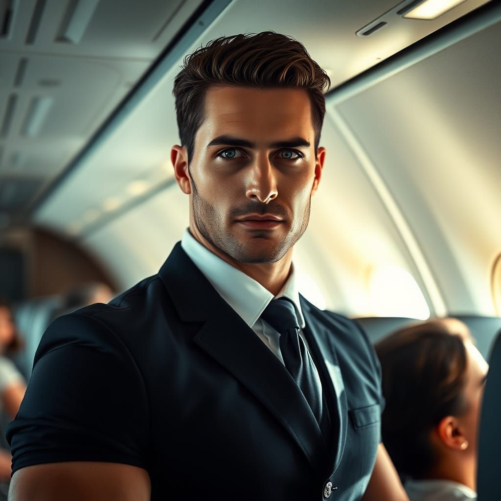 Muscular Flight Attendant on Aircraft in Photorealistic Styl...