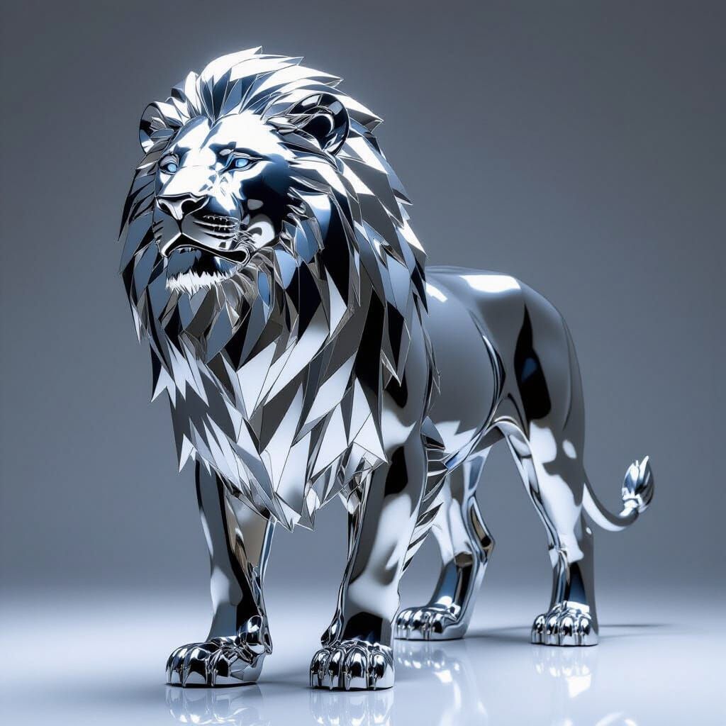 Polished Stainless Steel White Lion Sculpture