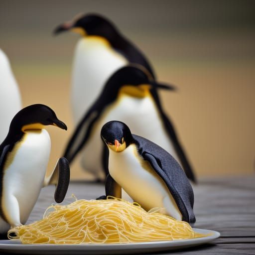 Penguins Eating Pasta: Professional Photography in 8K