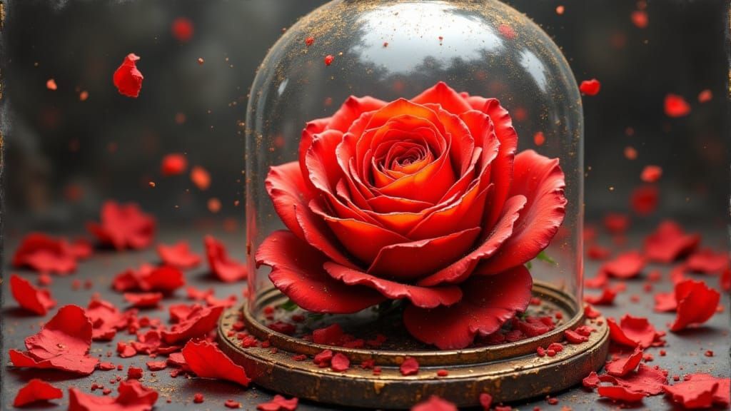 Red Rose Under Glass Cloche in Art Nouveau Style
