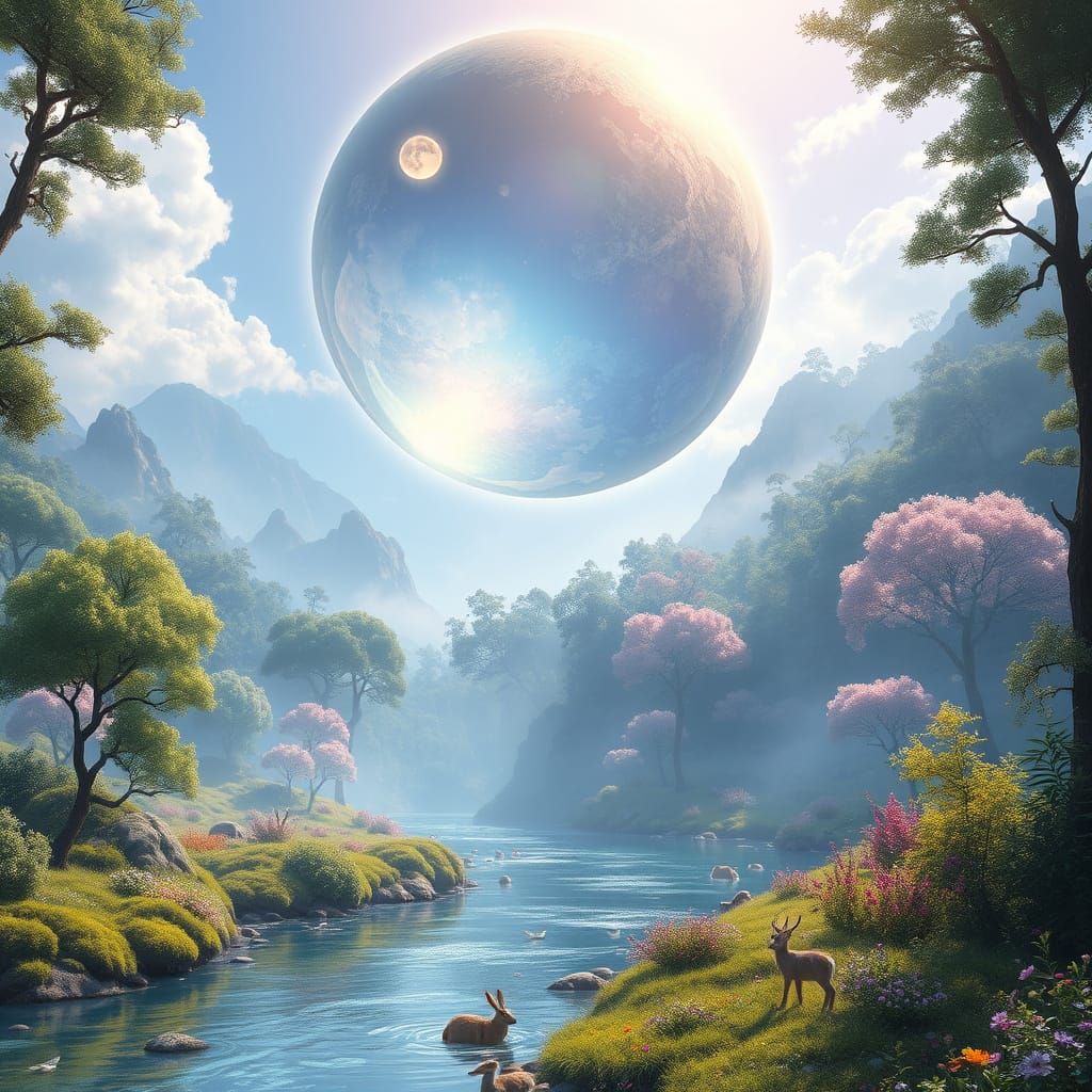 Enchanted Valley with Glowing Sphere and Lush Magical Landsc...