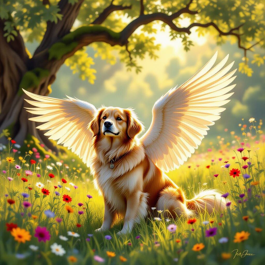 Winged Golden Retriever Basking in Sunlit Meadow