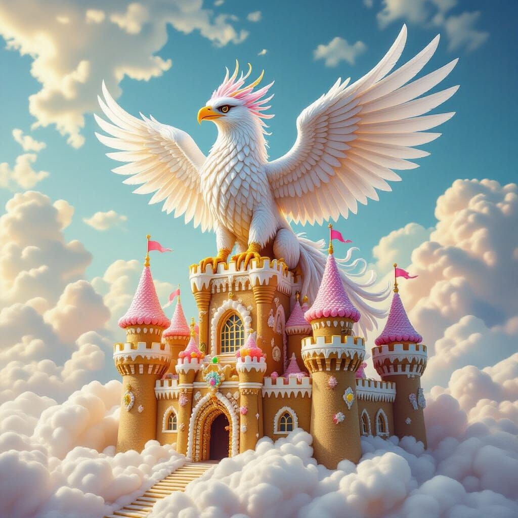 Griffin on Gingerbread Castle in Fantasy Art Style