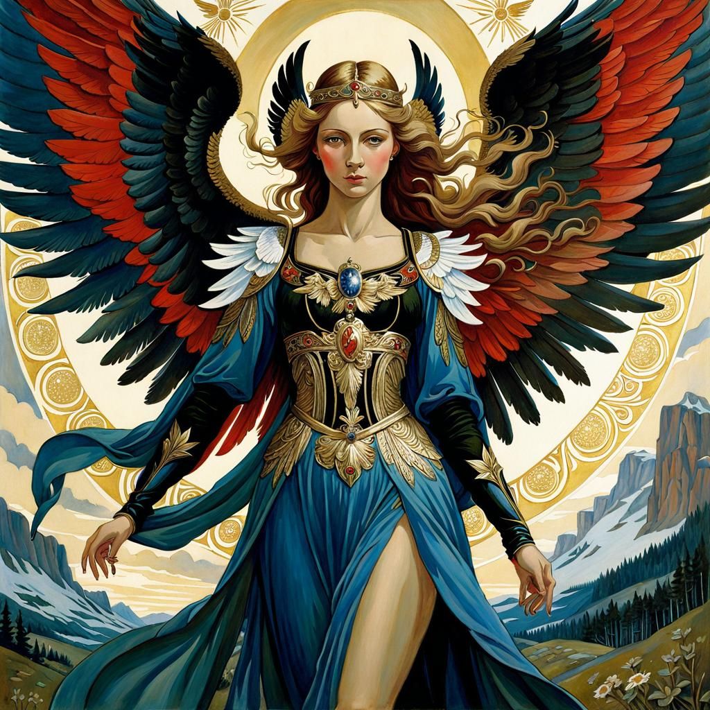 Fierce Angel with Wings in Gouache Style