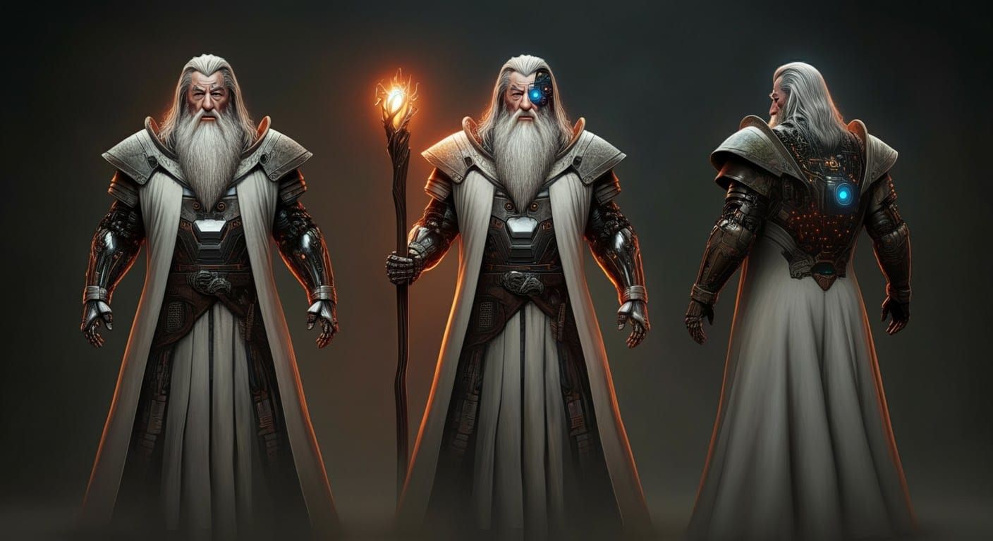 Cyborg Gandalf Character Sheet in Science-Fantasy Style