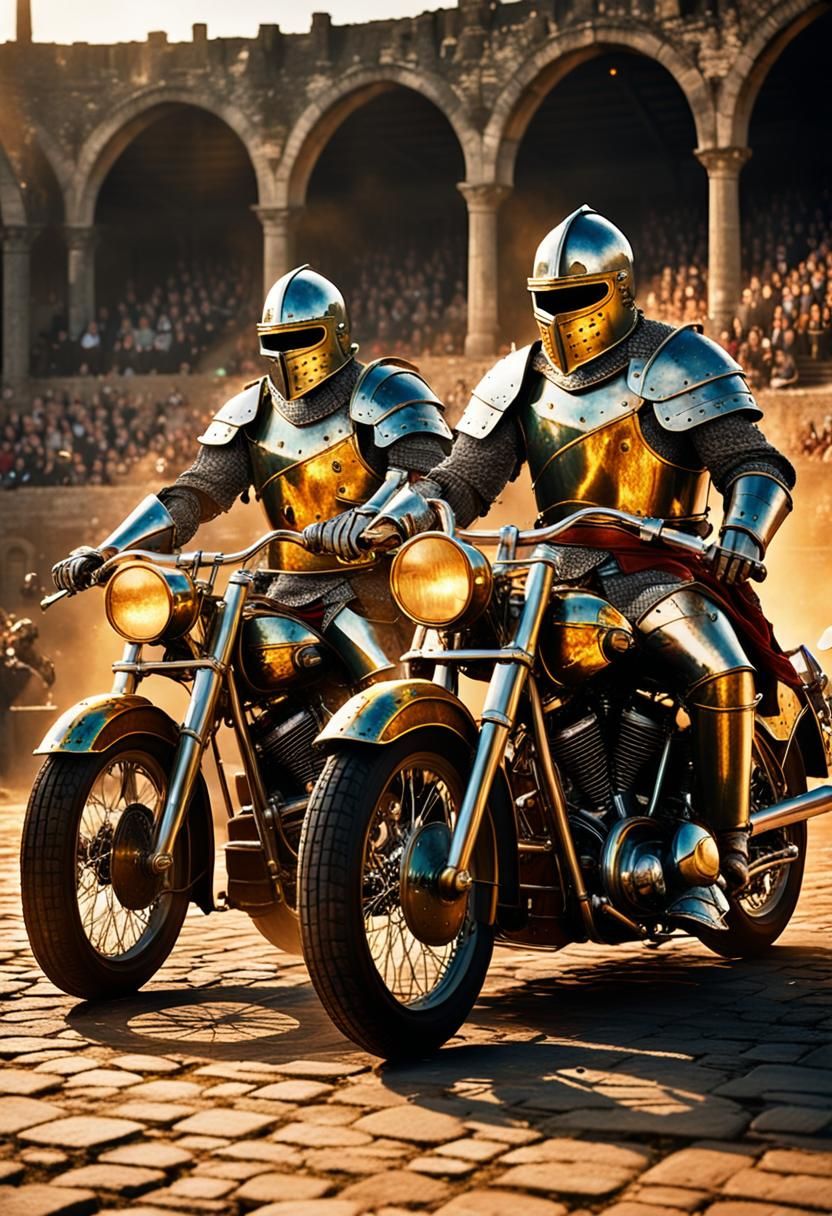 Knights Jousting on Motorcycles in Retro-Futuristic Style