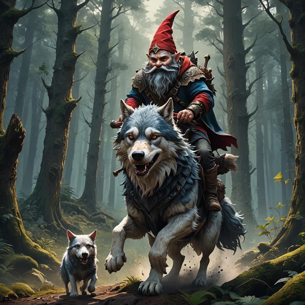 Evil Gnome Rides Wolf: Fantasy Art in 8K