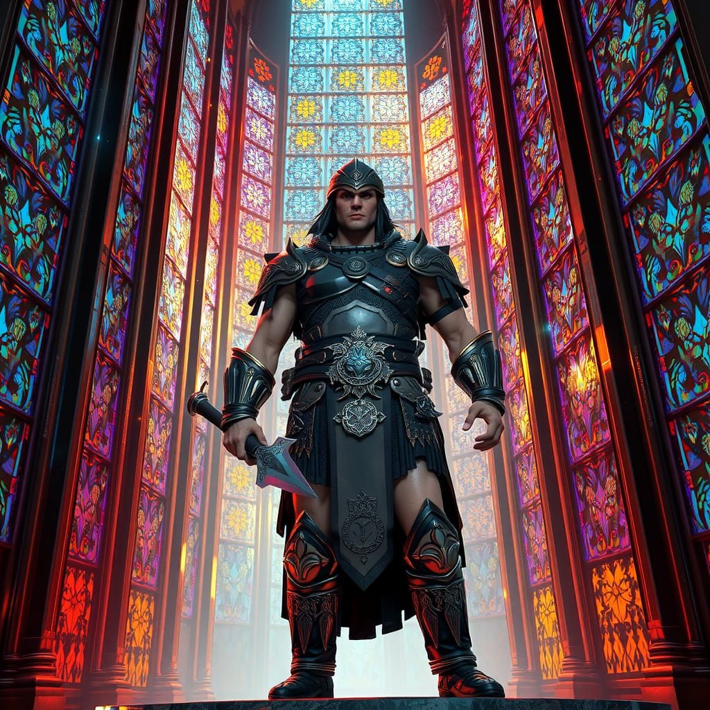 Heroic Figure Amidst Stained Glass Walls