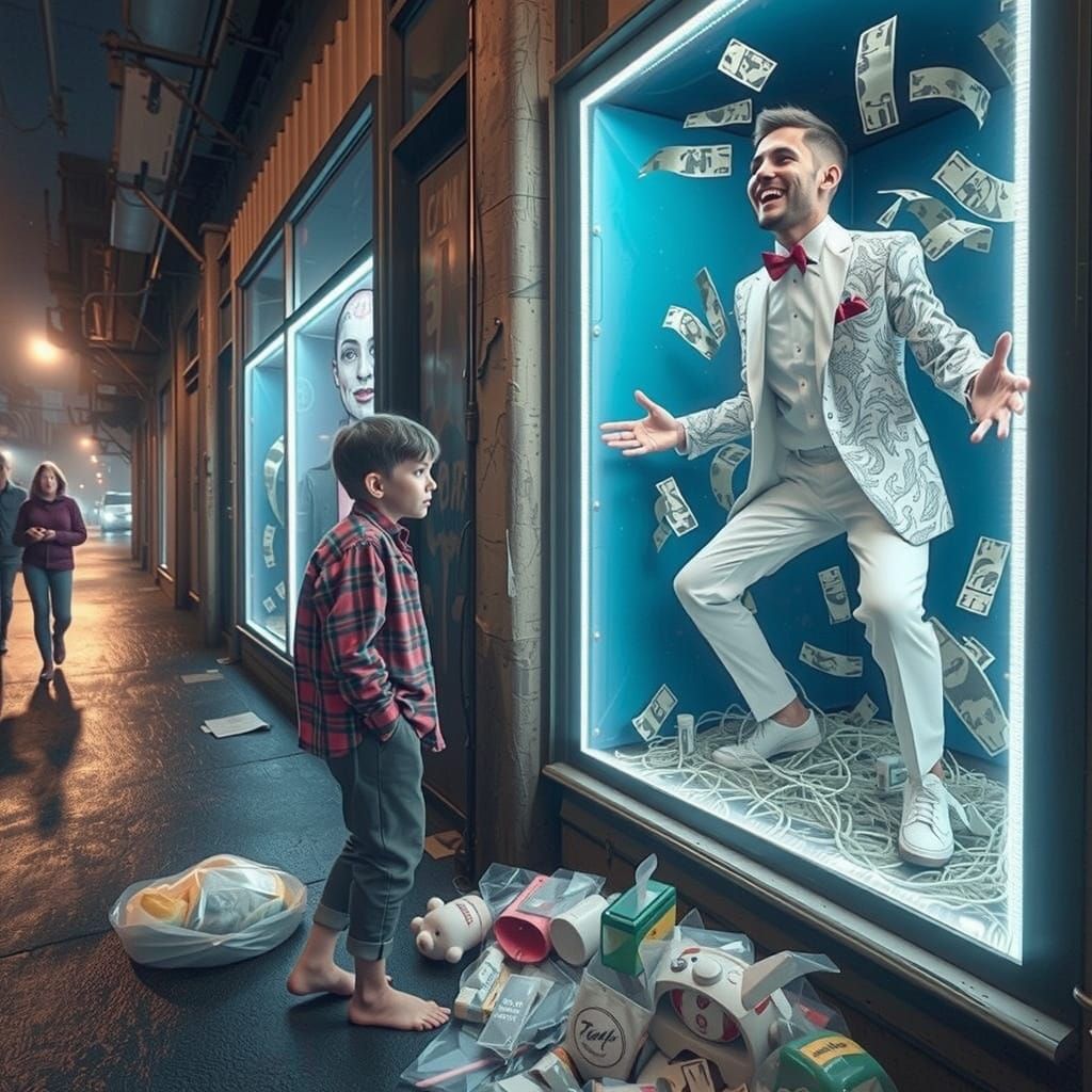 Mysterious Tattooed Figure in Futuristic Neon Landscape