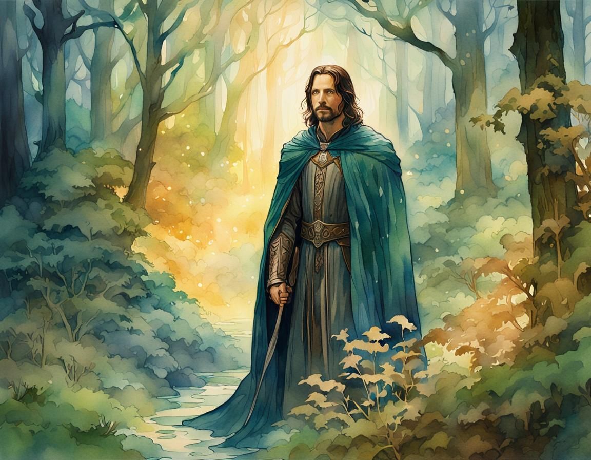 Regal Aragorn in Ethereal Watercolor Fantasy Art