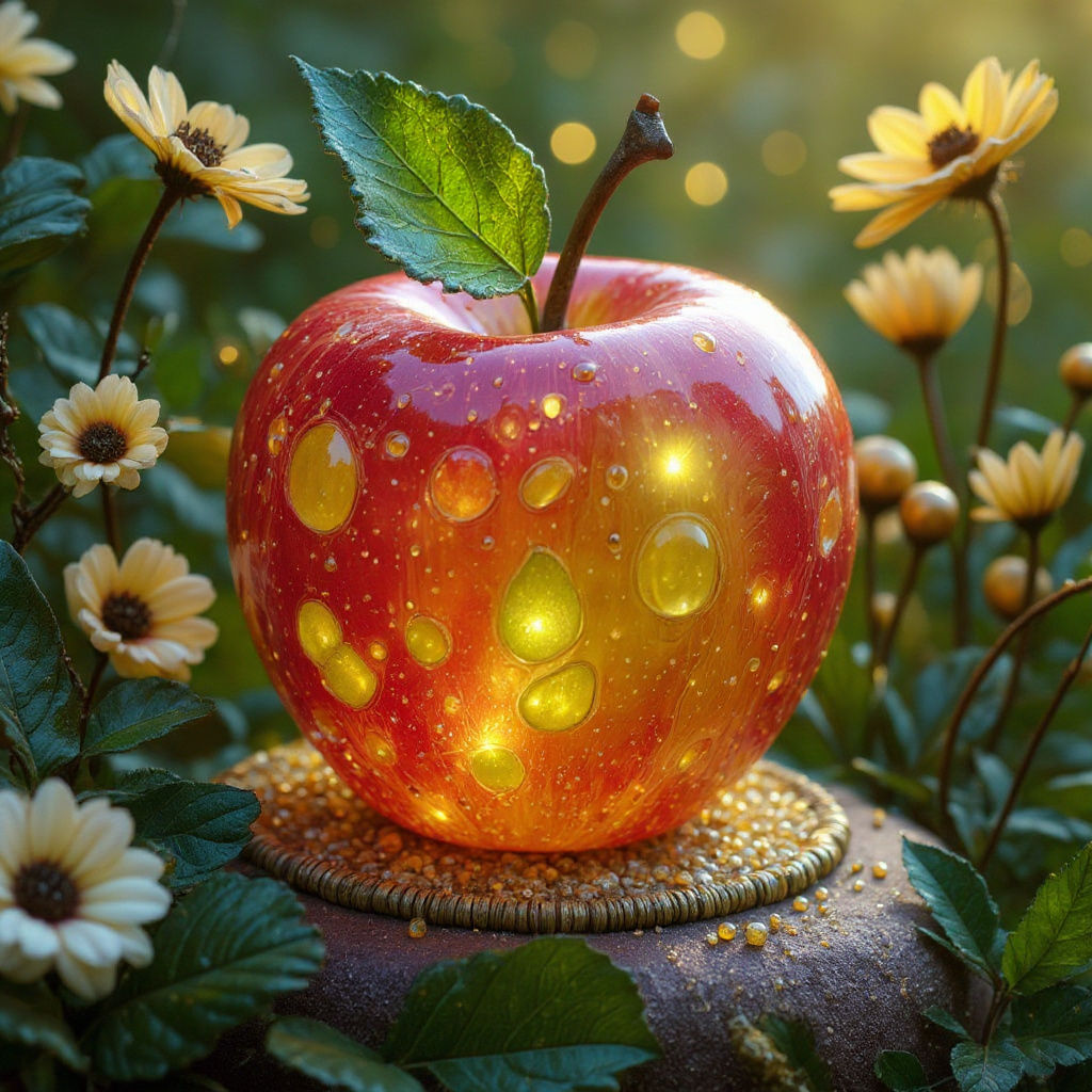 Glass-Blown Fruit and Rose in Dreamlike Garden