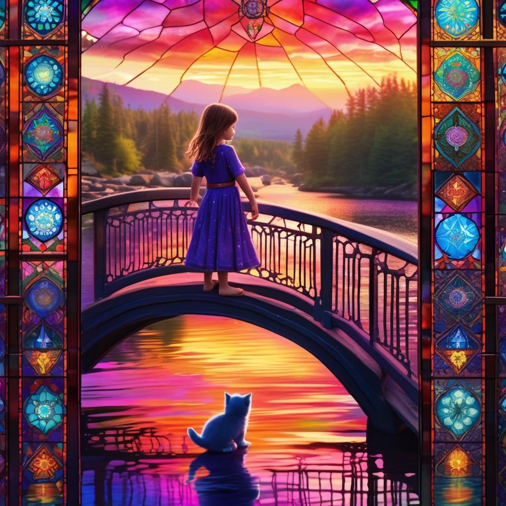 Girl and Kitten on Bridge with Kaleidoscopic Reflections