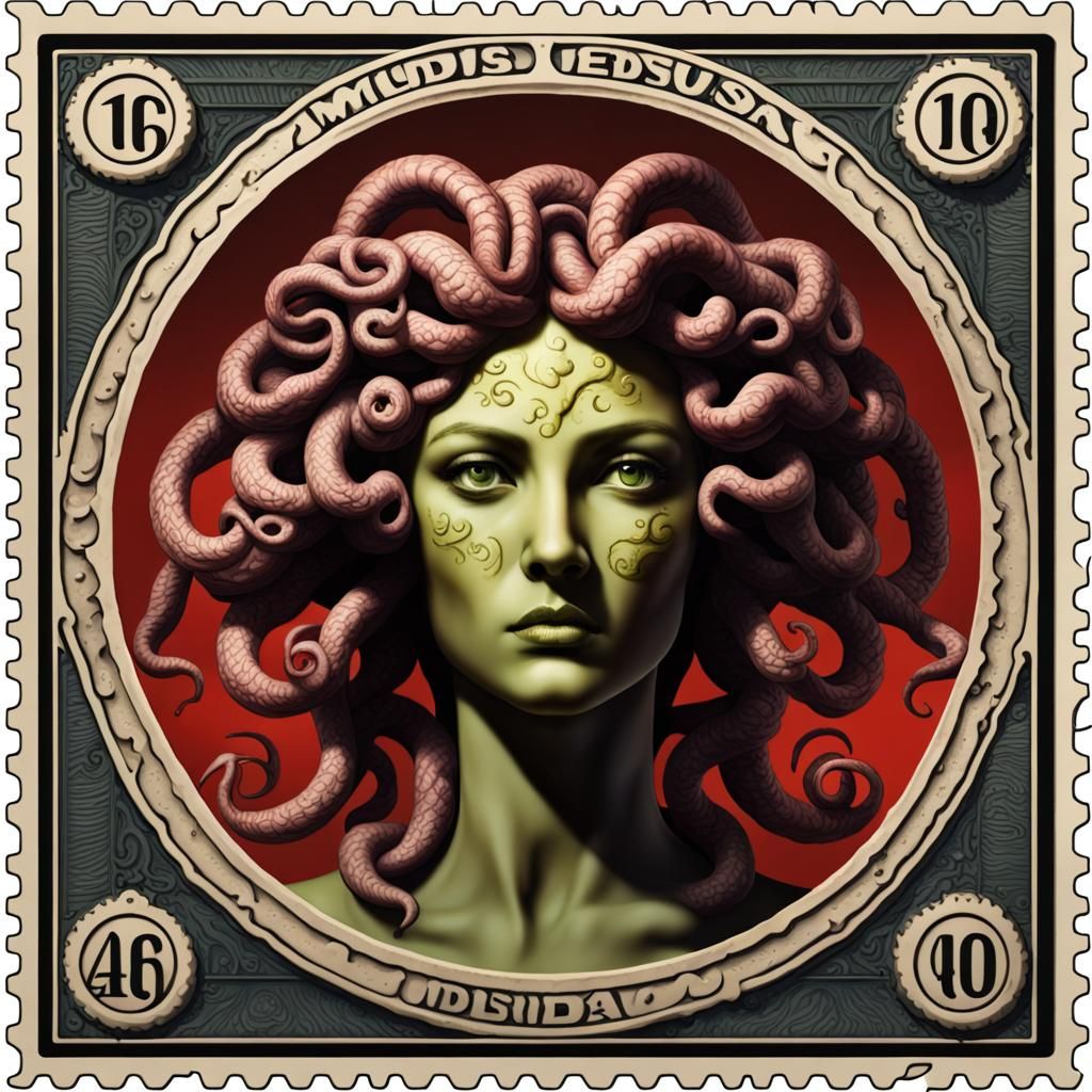 Medusa on Vintage Postage Stamp, Detailed Matte Painting
