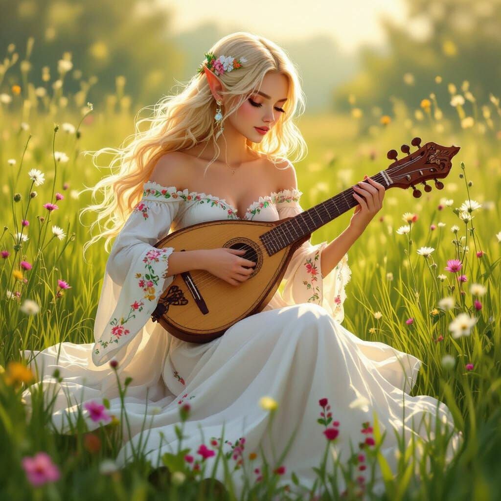 Elf Playing Lute in Meadow, Painterly Style