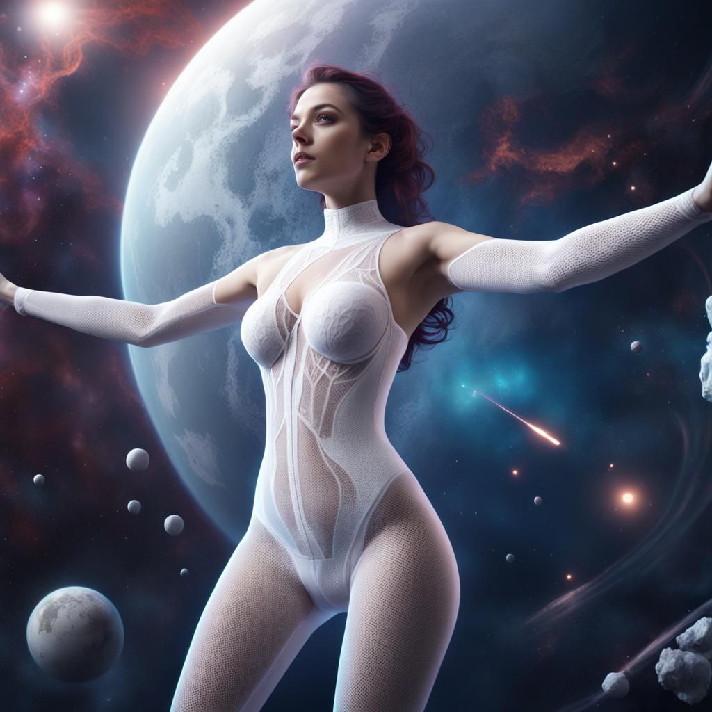 Woman in White Bodystocking in Space: Detailed Matte Paintin...