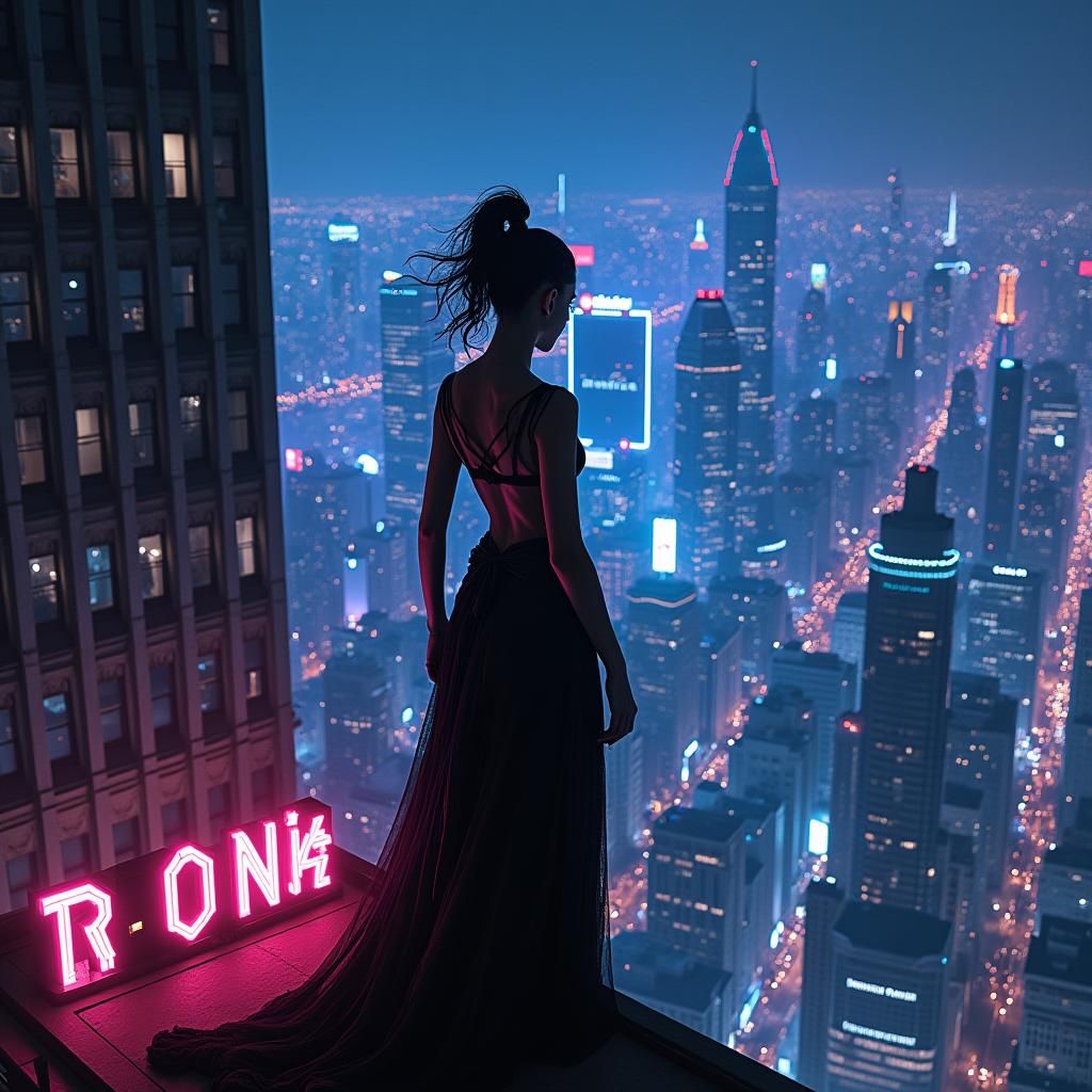Neon City Silhouette: Tension on a Skyscraper Edge